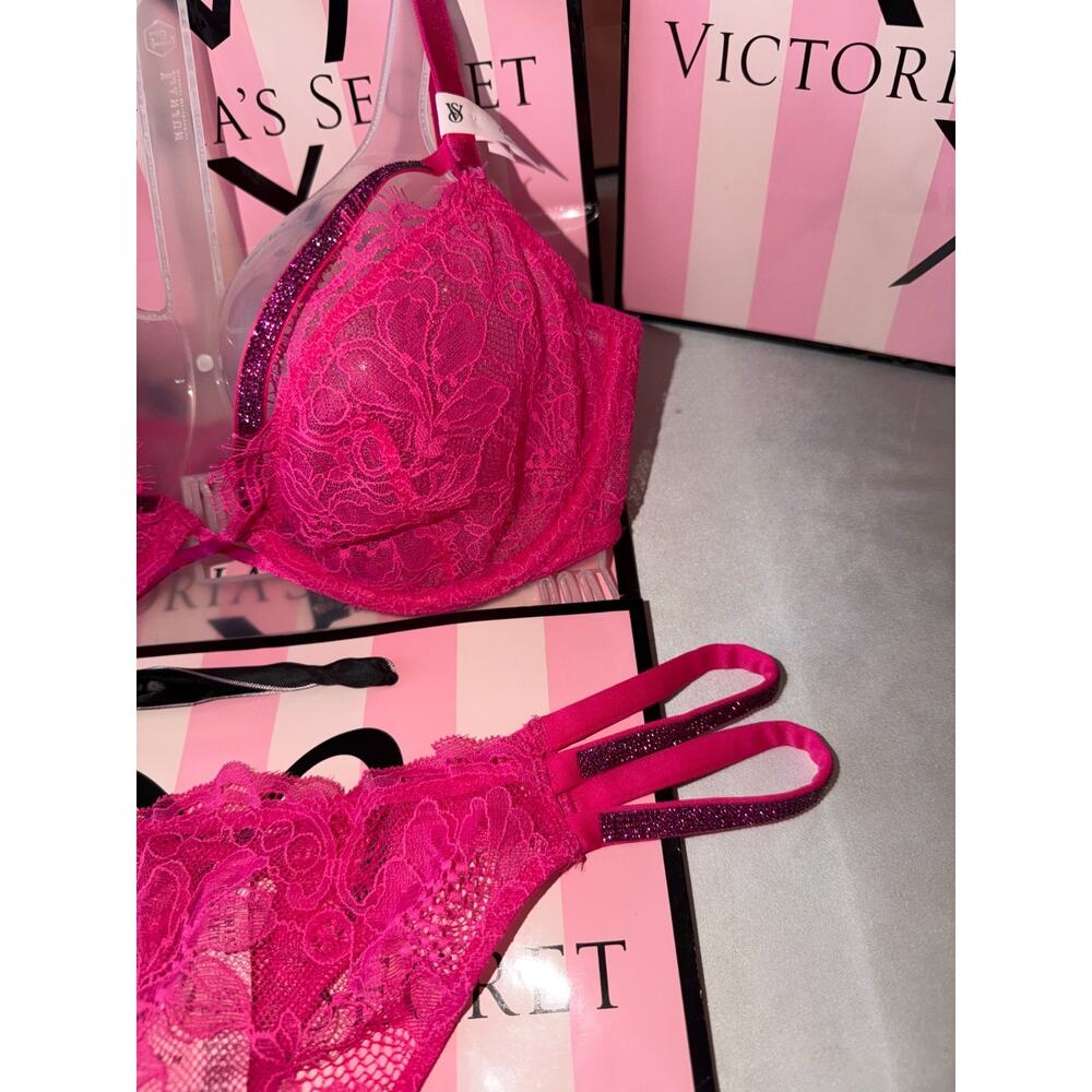 Victorias Secret Bra Very Sexy Bling Strap Set Pink Fusia 32B Small Thong - Picture 7 of 9